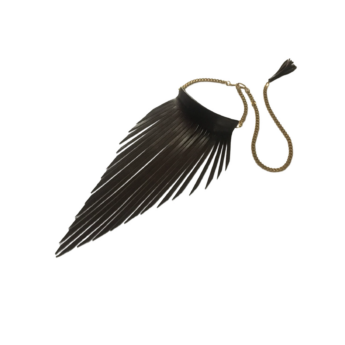 Noir Plume Statement Necklace Black Leather Fringe