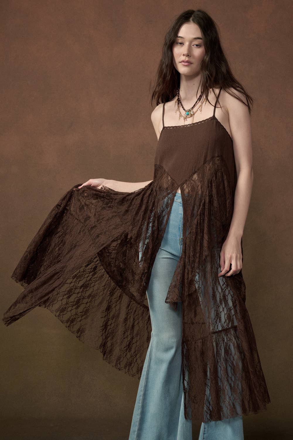 Ruffled Lace Flyaway Maxi Cami Top: Chocalate