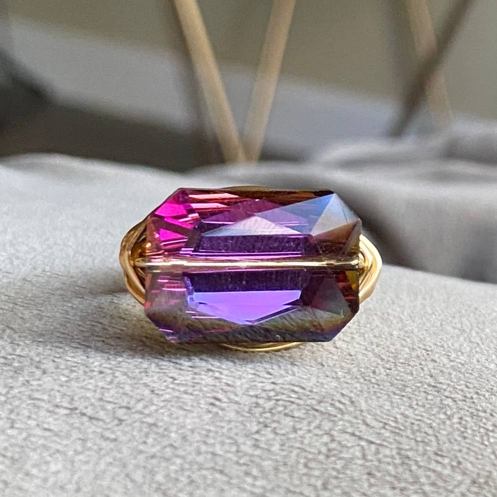 Purple - Crystal Ring Cocktail Statement Silver Wire Wrapped: Purple / Sterling Silver Plated