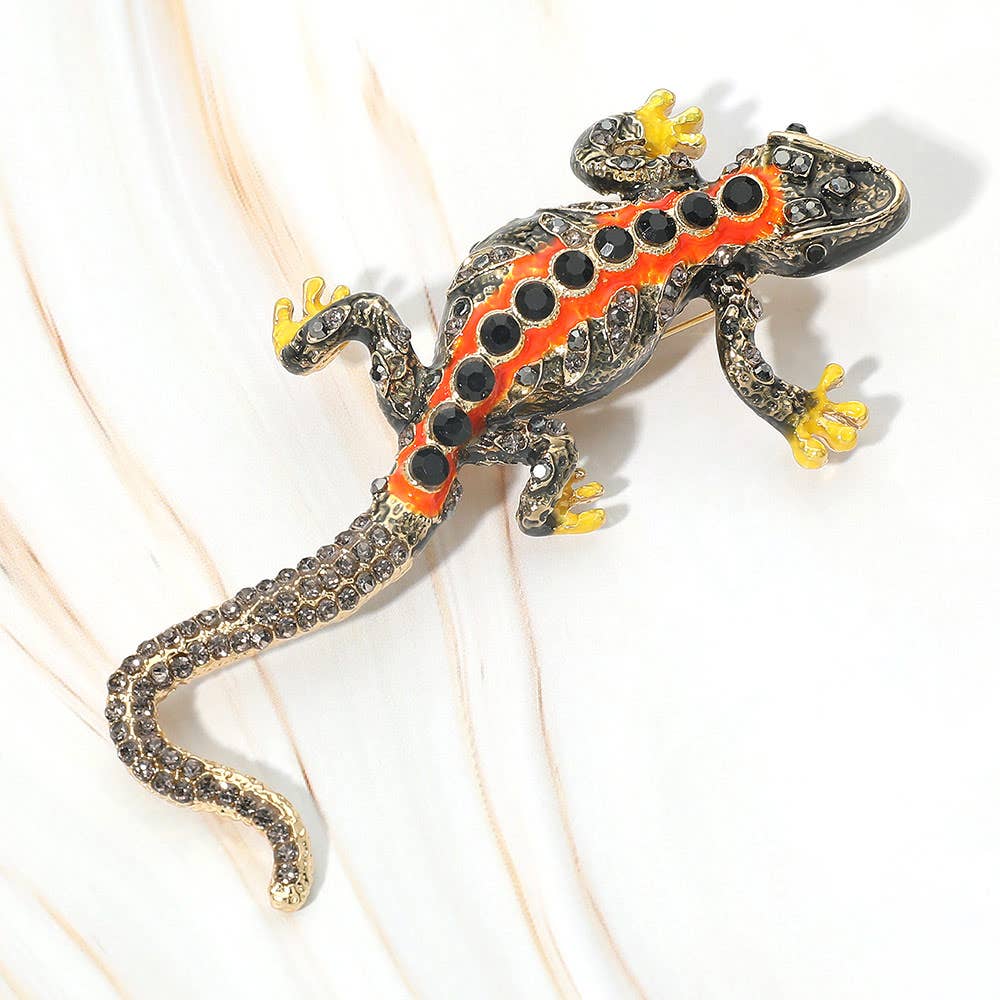 Rhinestone Embellished Enamel Lizard Statement Pin Brooch