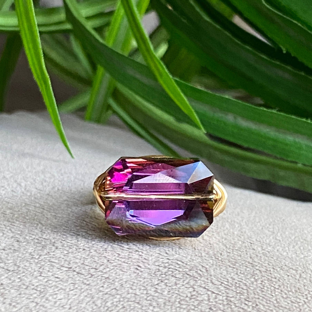 Purple - Crystal Ring Cocktail Statement Silver Wire Wrapped: Purple / Sterling Silver Plated