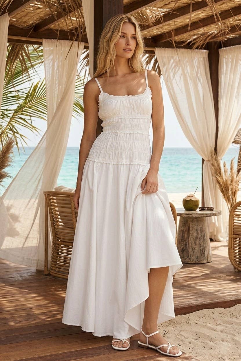 WHITE SMOCKED MAXI COTTON DRESS W3190DIA