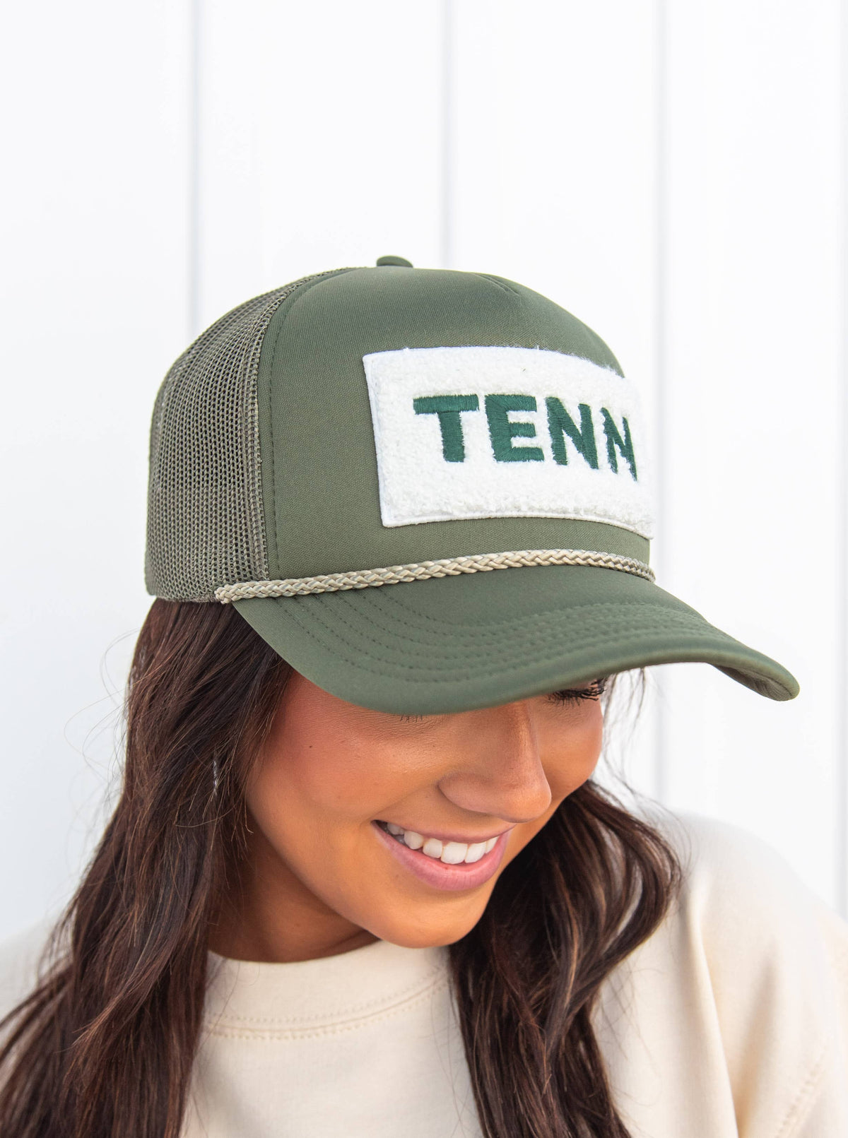 Tennessee "TENN" Chenille Patch Trucker Hat, Sage Green