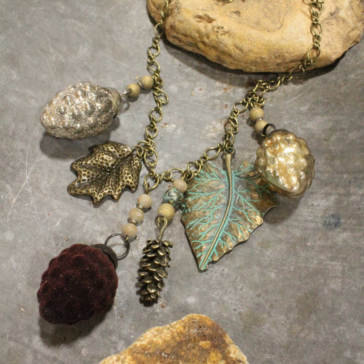 Flock Together Chocolate Pinecone &amp; Leaves Charm&#39;d Necklace