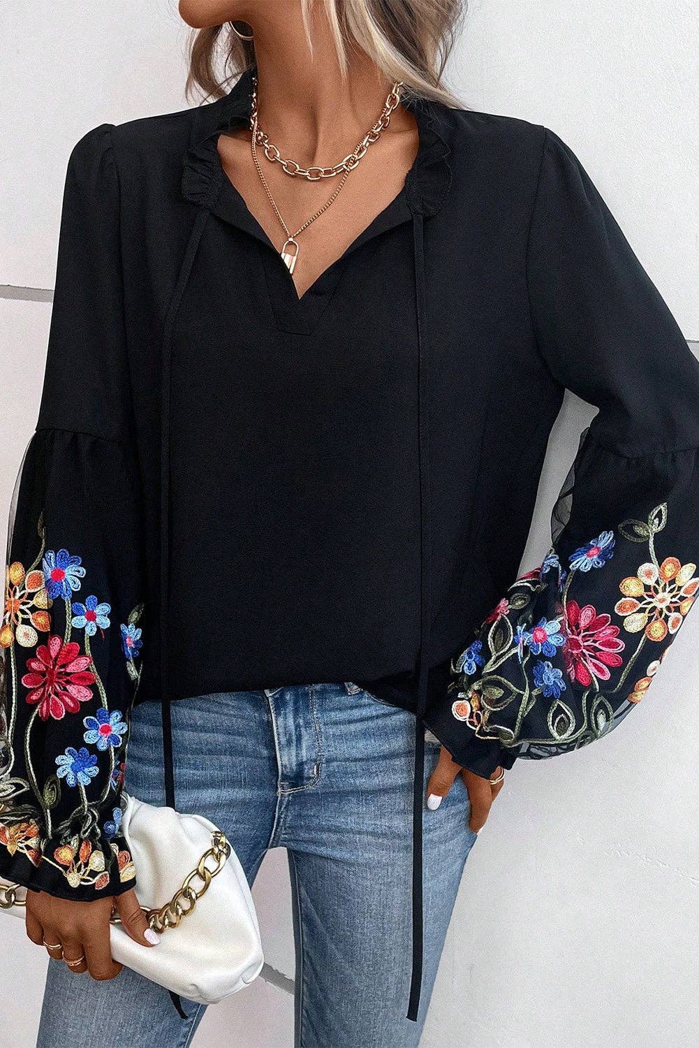 Floral Patched Flounce Sleeve Split Neck Blouse: Black