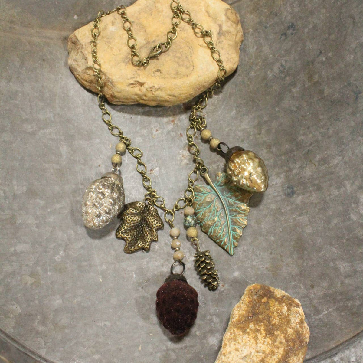 Flock Together Chocolate Pinecone &amp; Leaves Charm&#39;d Necklace