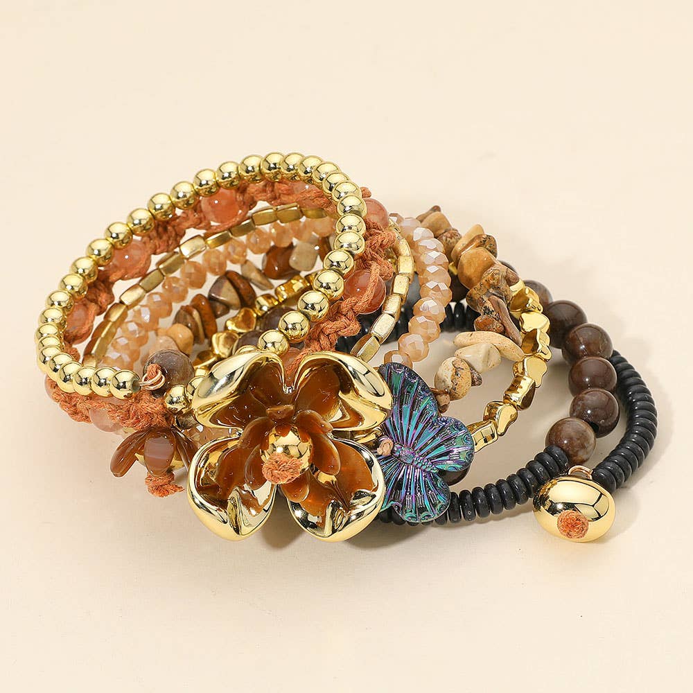 Floral Charm Accent Stacked Adjustable Beaded Coil Bracelet