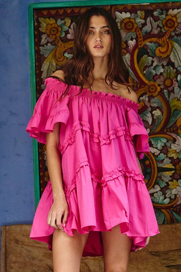 Frill Trim Tiered Babydoll Swing Dress: Fuchsia