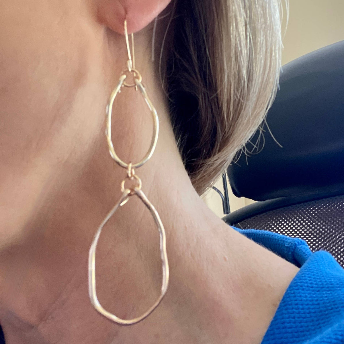 Double Hoop Organic Oval Gold Earrings Handmade: Silver