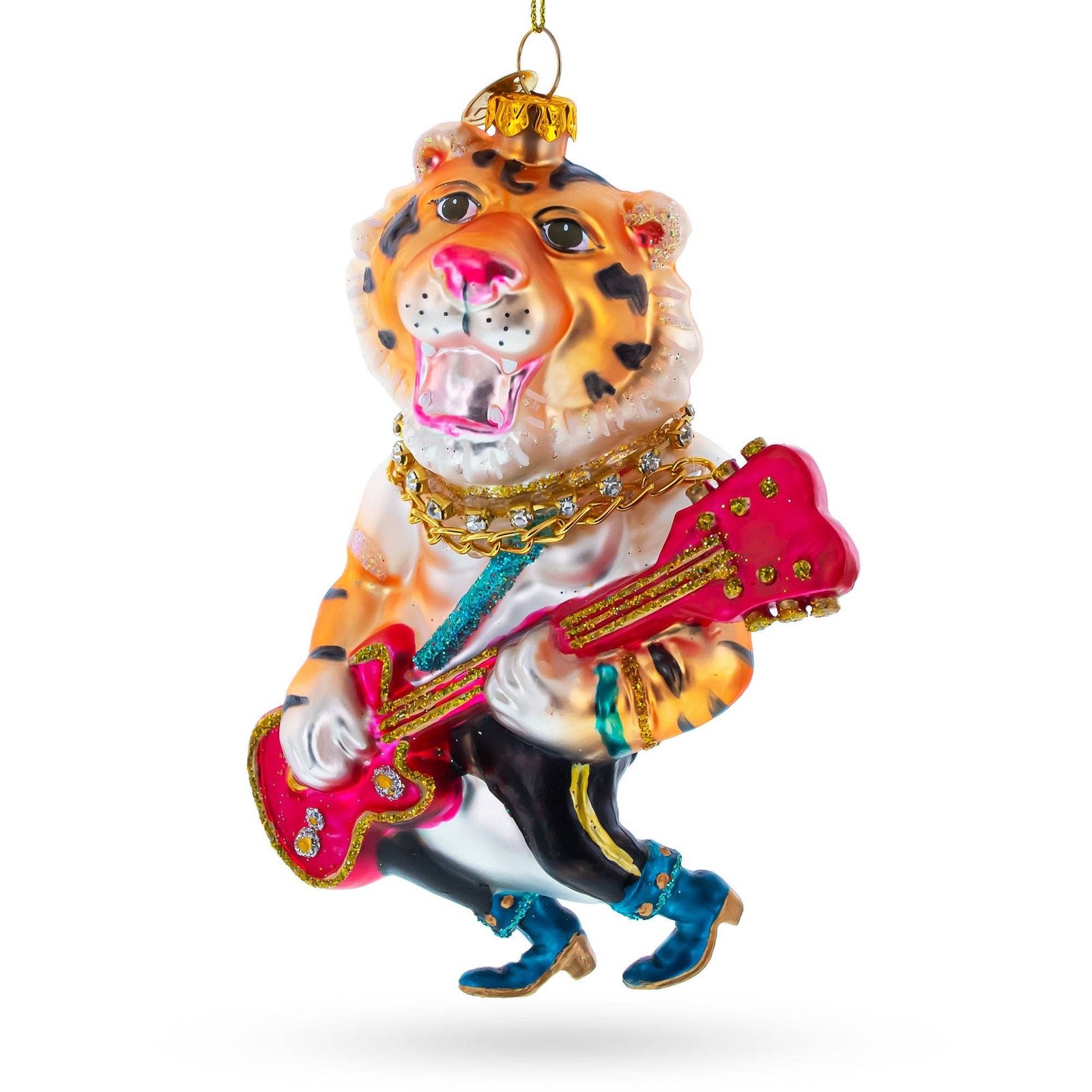 Tiger Playing Bass Guitar Blown Glass Ornament