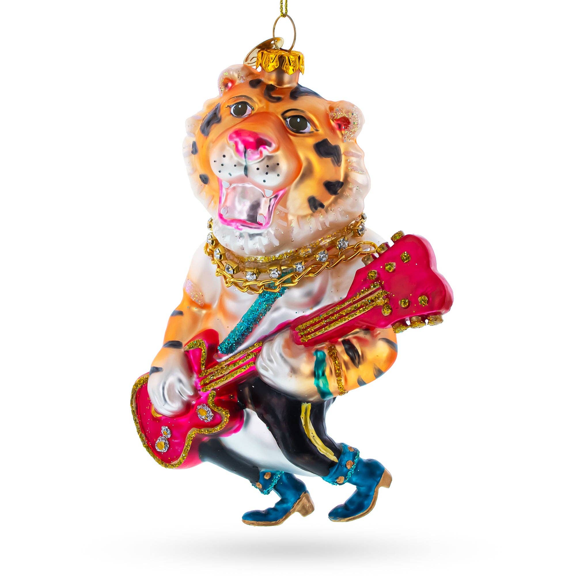 Tiger Playing Bass Guitar Blown Glass Ornament