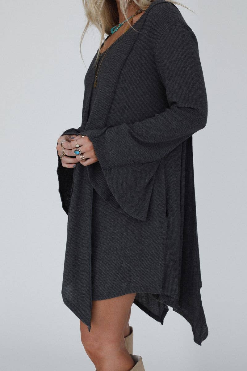 Golden Hour Long Bell Sleeve Tunic Dress - Charcoal:
