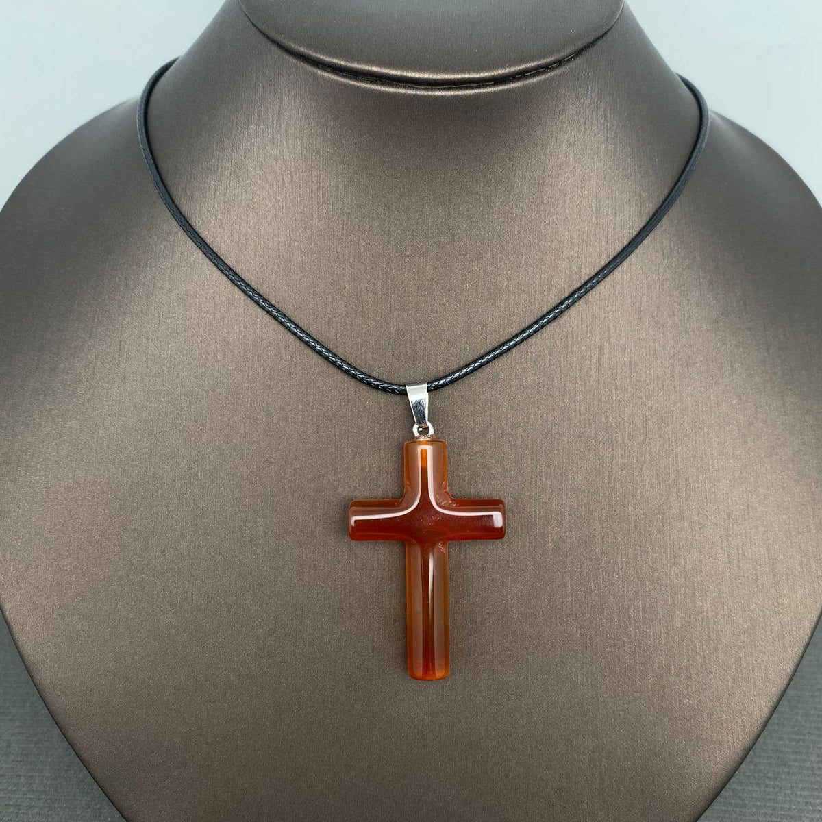 Stone Cross Charm Black Waxed Cord Necklace - CS