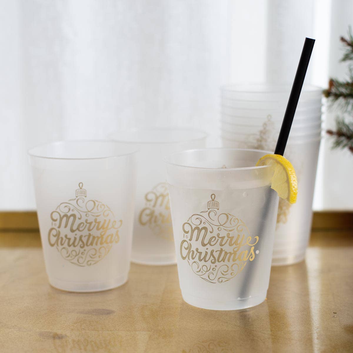 Merry Christmas Party Cups- Frosted/Gold- 16oz