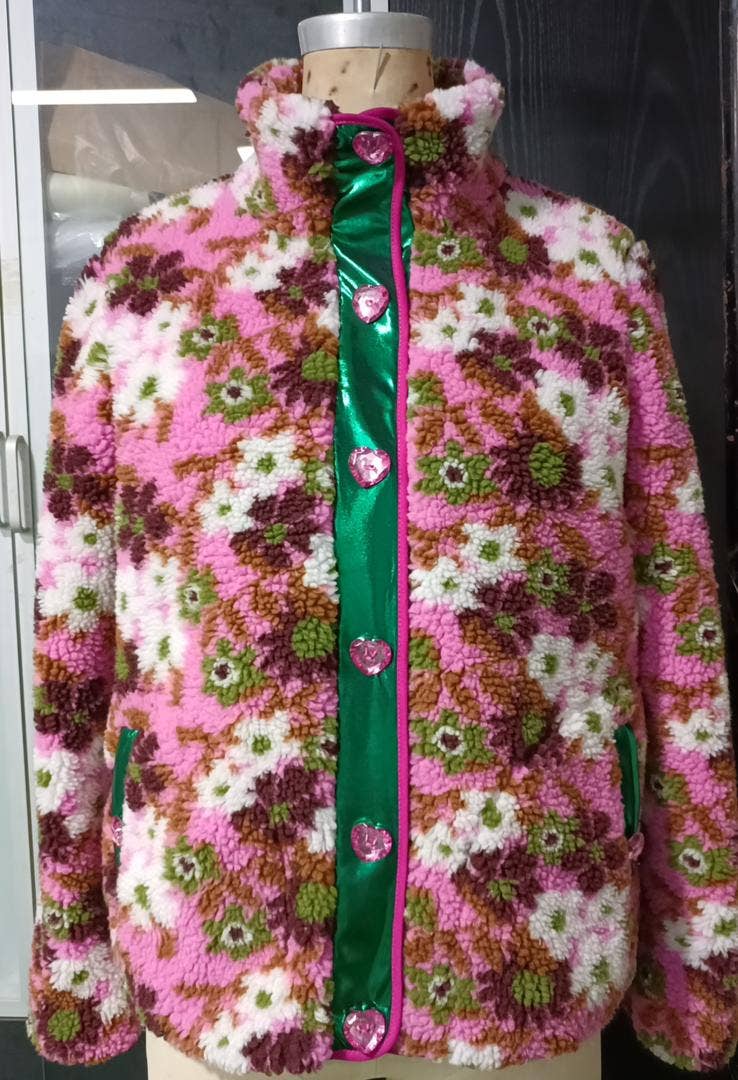Pink &amp; Green Floral Pile Fleece Jacket
