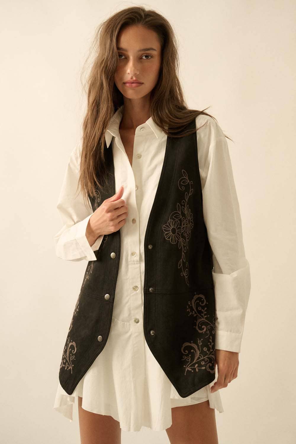 Floral-Embroidered Faux Suede Snap-Front Vest