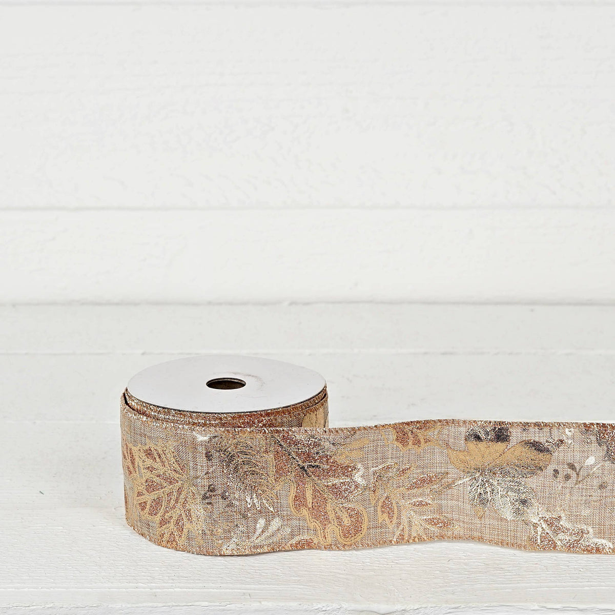 Wired Ribbon-Burlap-Metallic golden leaves (2.5inW)