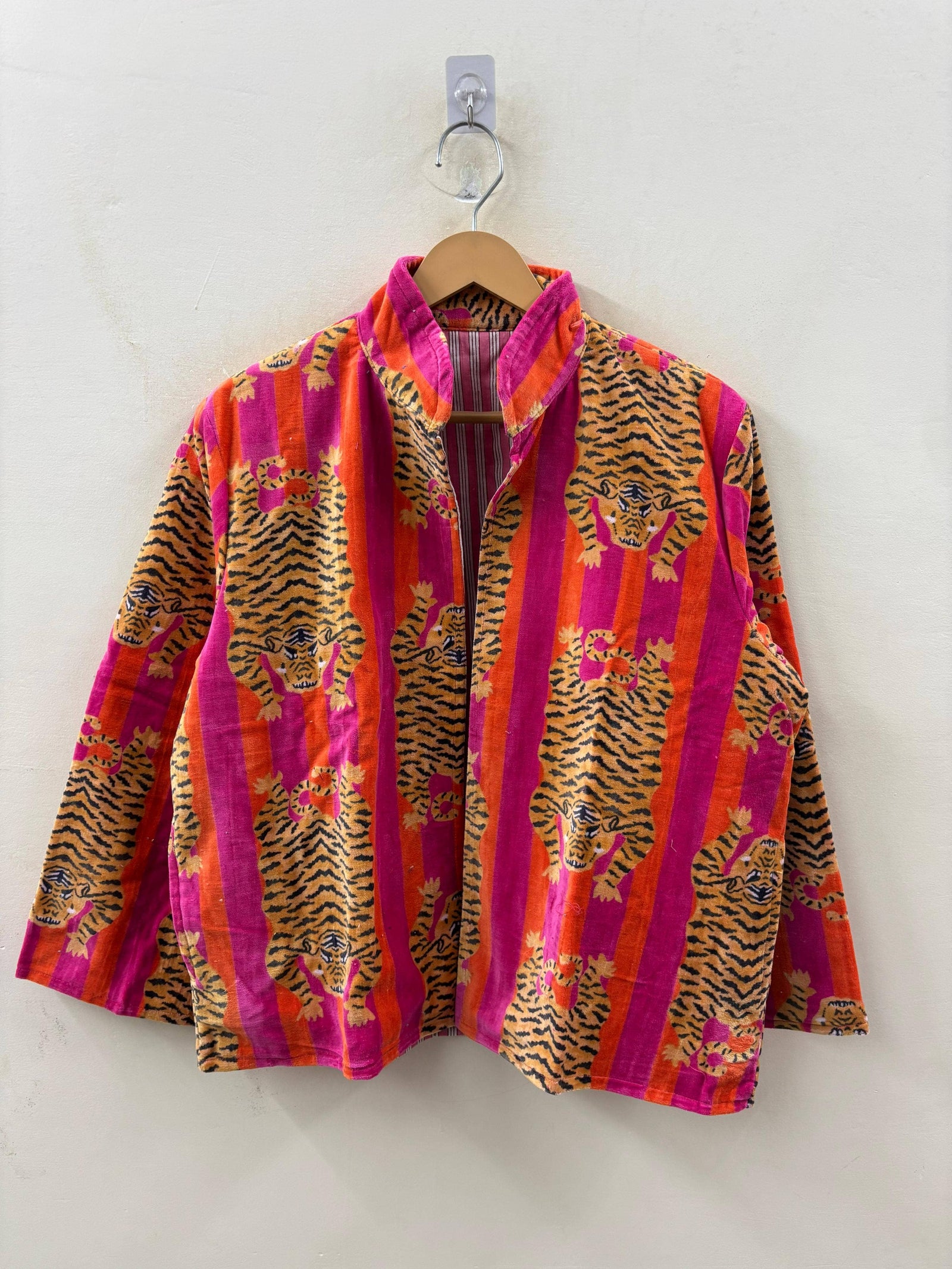 The Bengal Stripe — Block Printed Velvet Jacket — Fuchsia, Flame & Tiger Gold