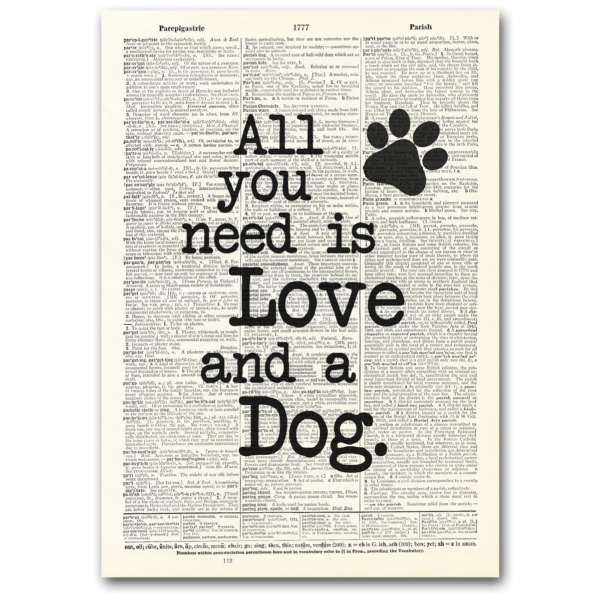 Vintage Art Dictionary Page - Love and a Dog