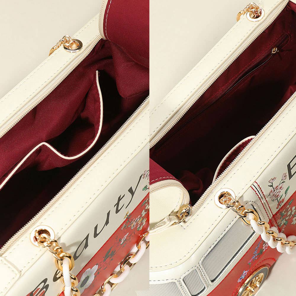 Faux Leather Floral Beauty Bus Chain Strap Bag