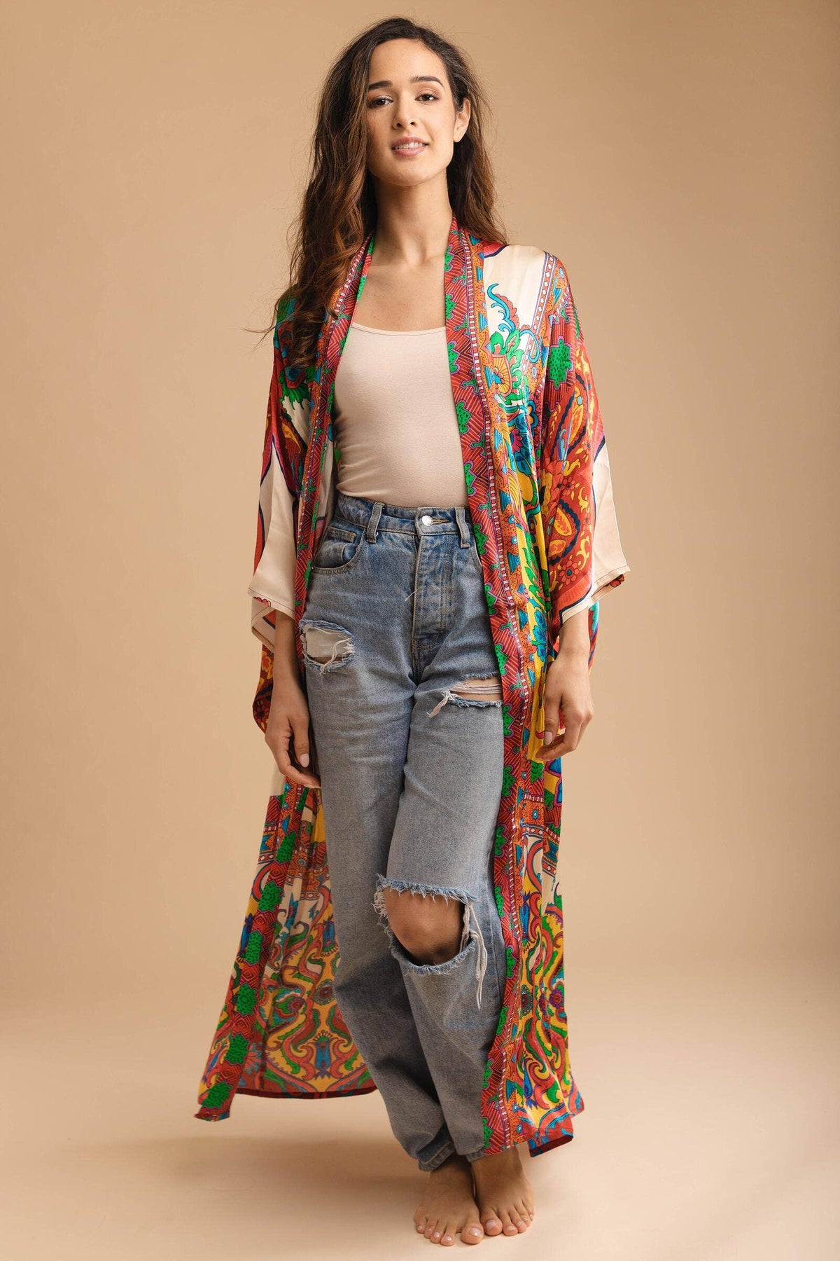 Margo Multi Paisley Print Kimono: Orange