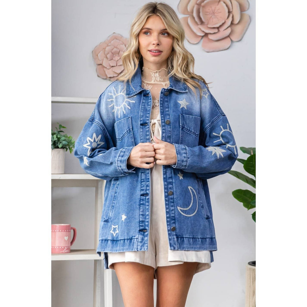 Embroidered Denim Jacket	: Medium Wash