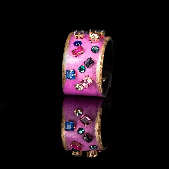 Prism Chaos Cuff Pink Leather Multicolor Crystal Statement