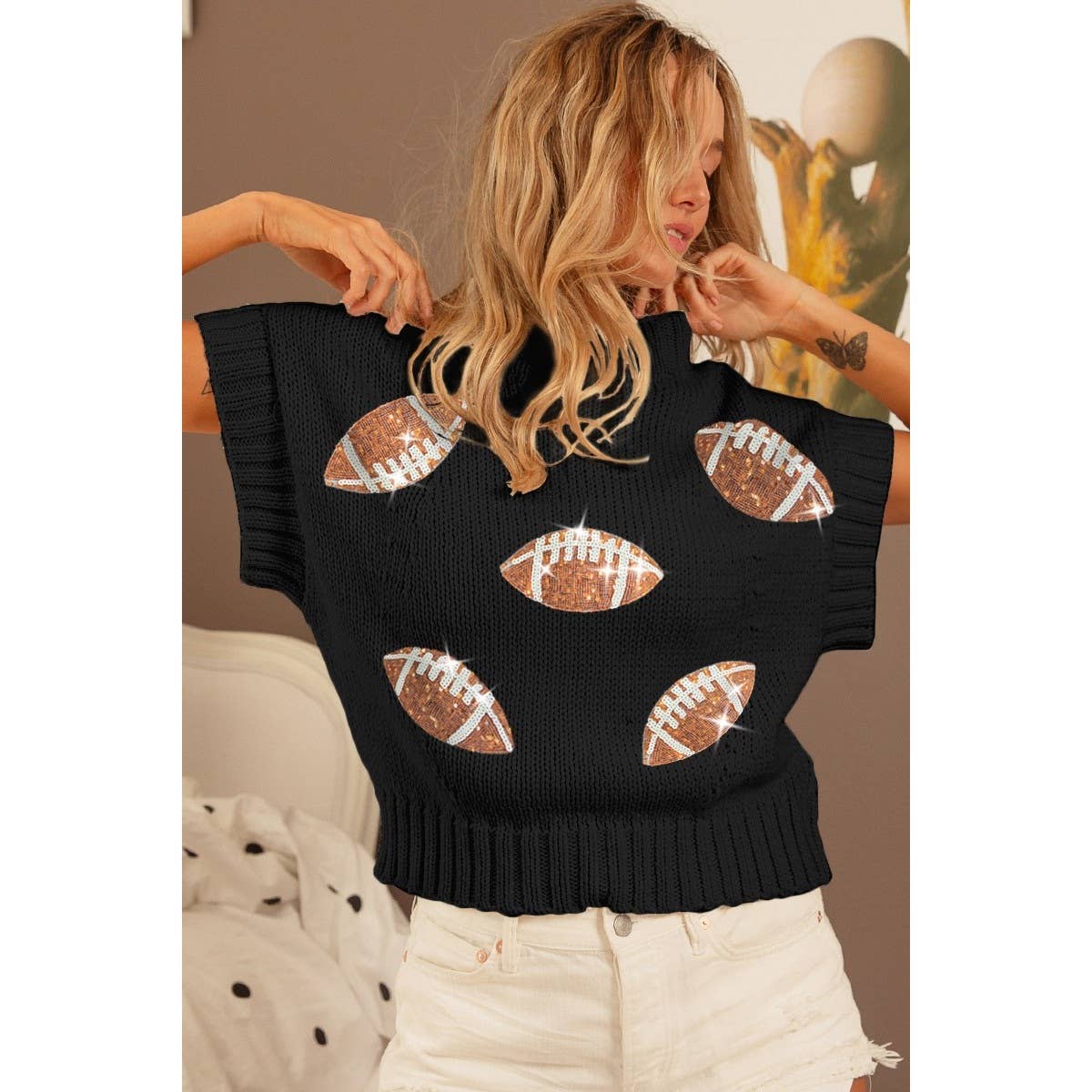 SEQUIN FOOTBALL PATCHES RIB BANDED SWEATER