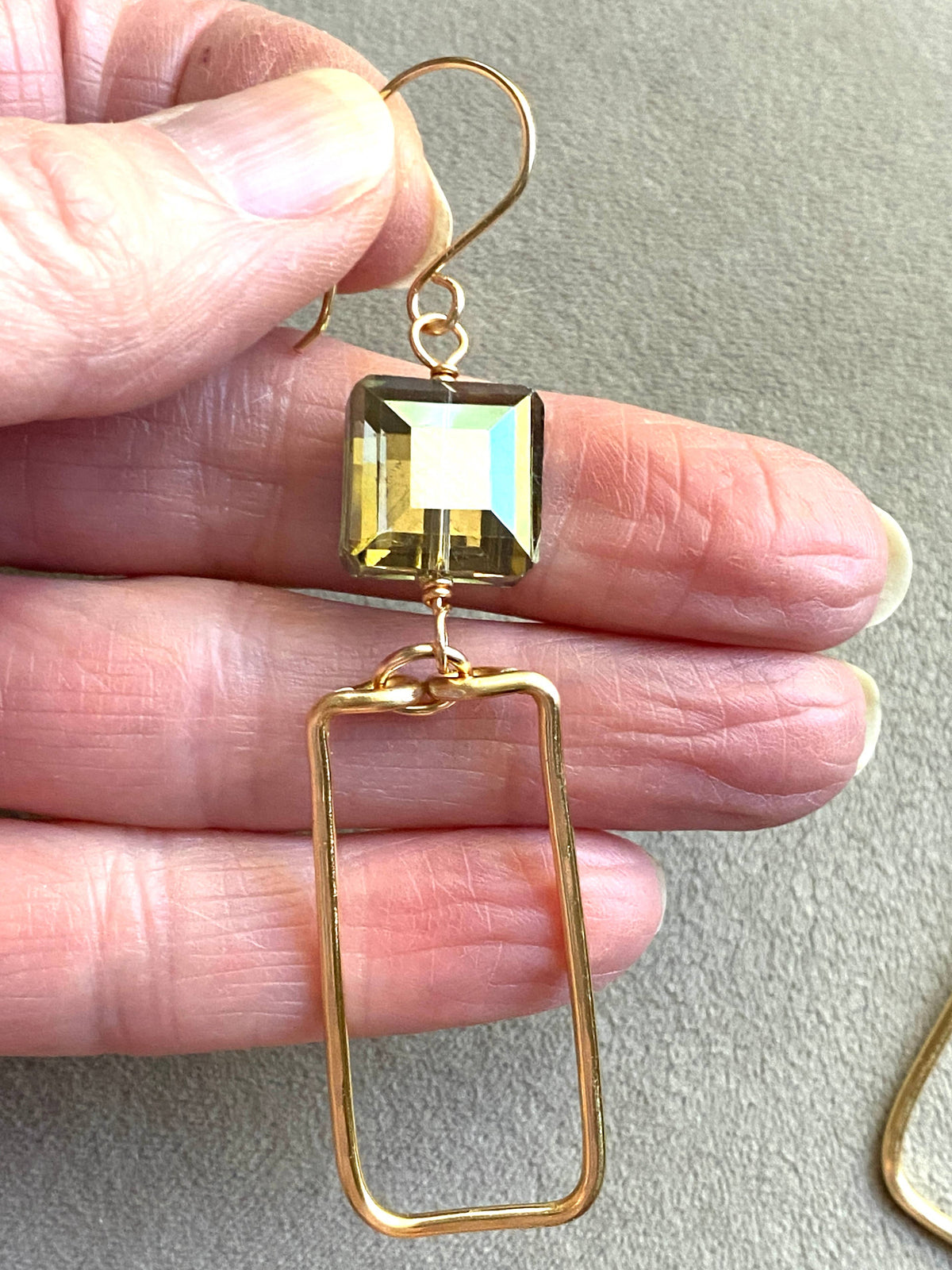 Green - Gold Hammered Rectangle and Square Crystal Earrings Green: