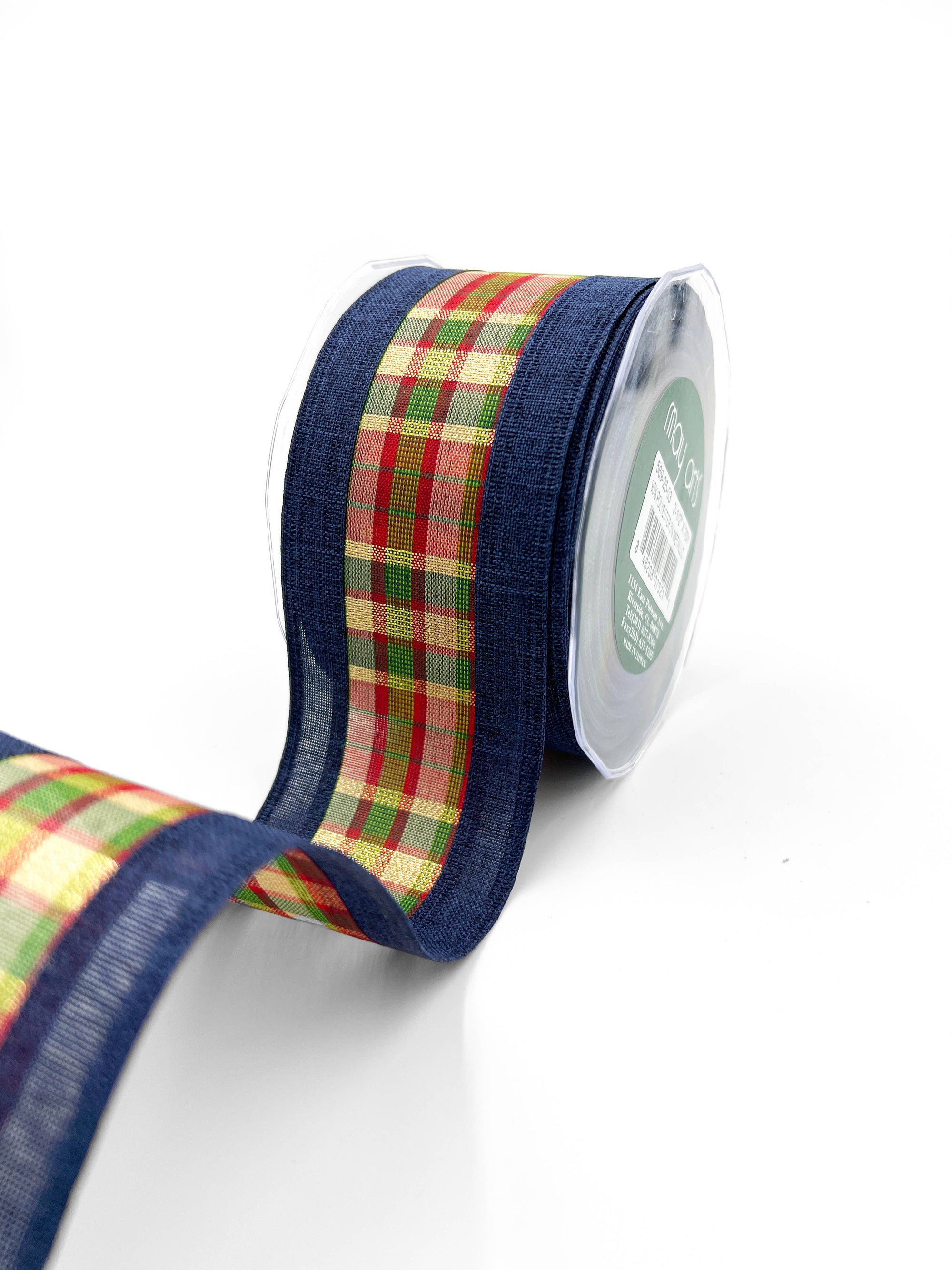 2.5" Navy Blue Metallic Tartan Wired Ribbon