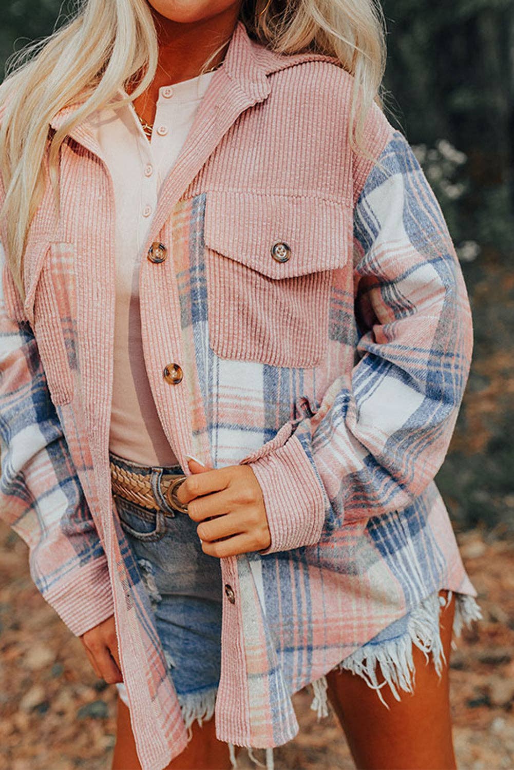 Plaid Corduroy Patchwork Chest Pocket Shacket: Light Pink