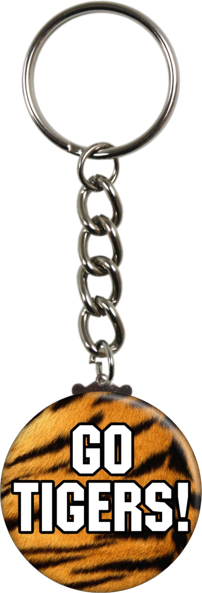 Keychain - "Go Tigers!" - White On Tiger Stripes