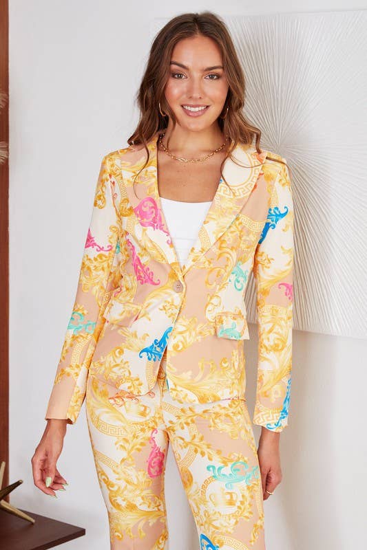 Baroque Print Single Button Blazer: Beige/Gold