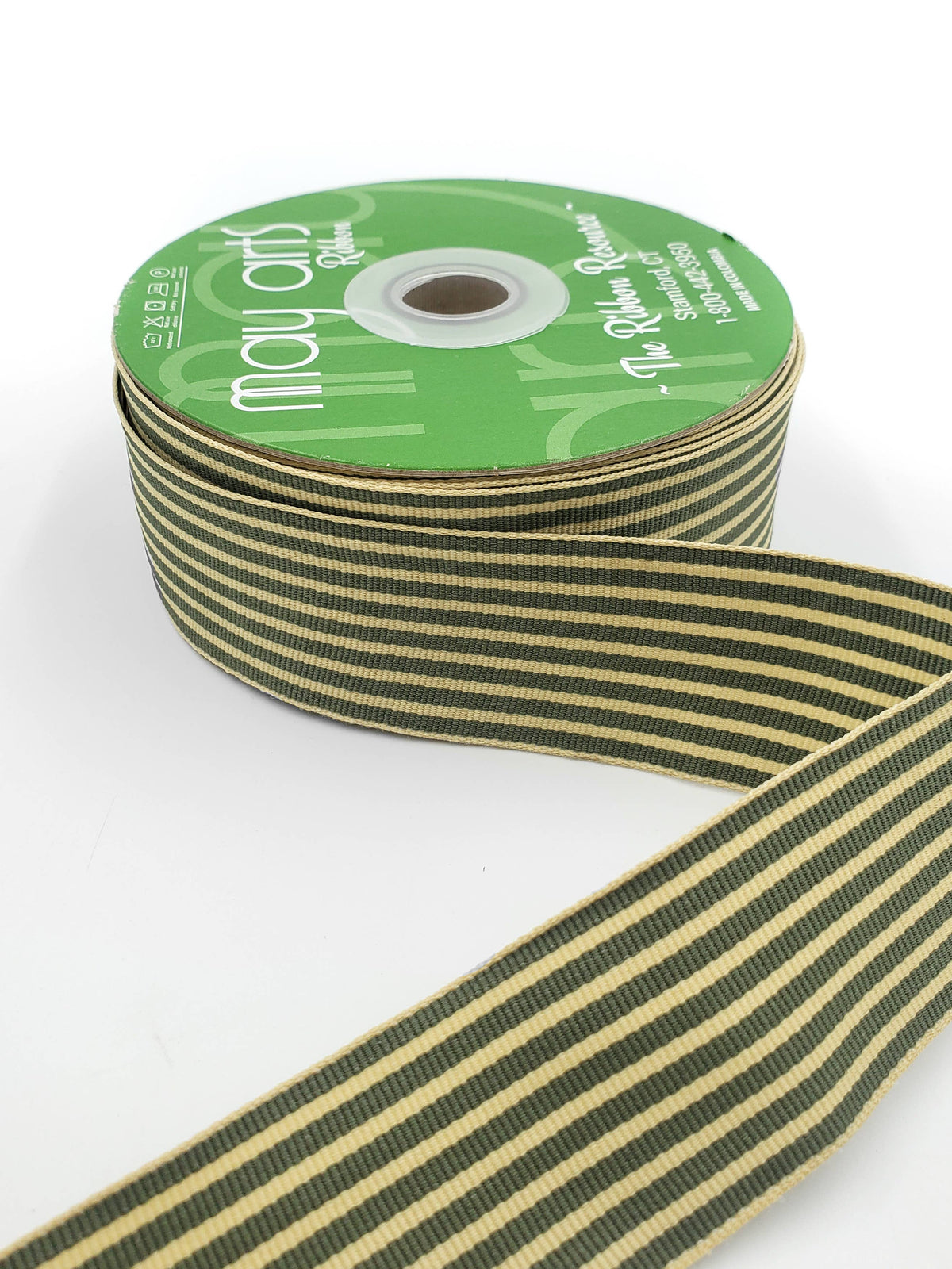 1.5" Woven Classic Moss &amp; Oatmeal Striped Grosgrain Ribbon