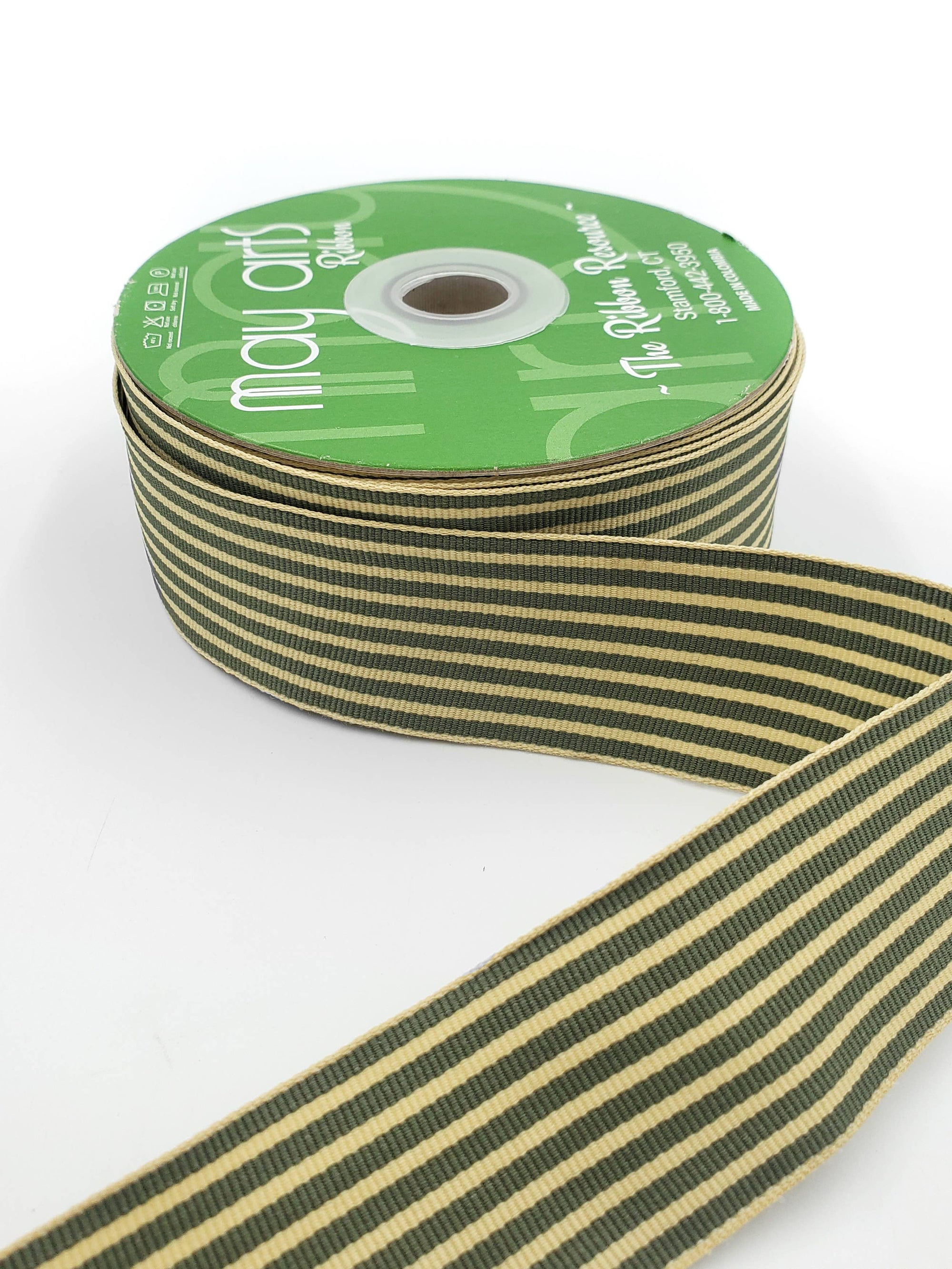 1.5" Woven Classic Moss & Oatmeal Striped Grosgrain Ribbon