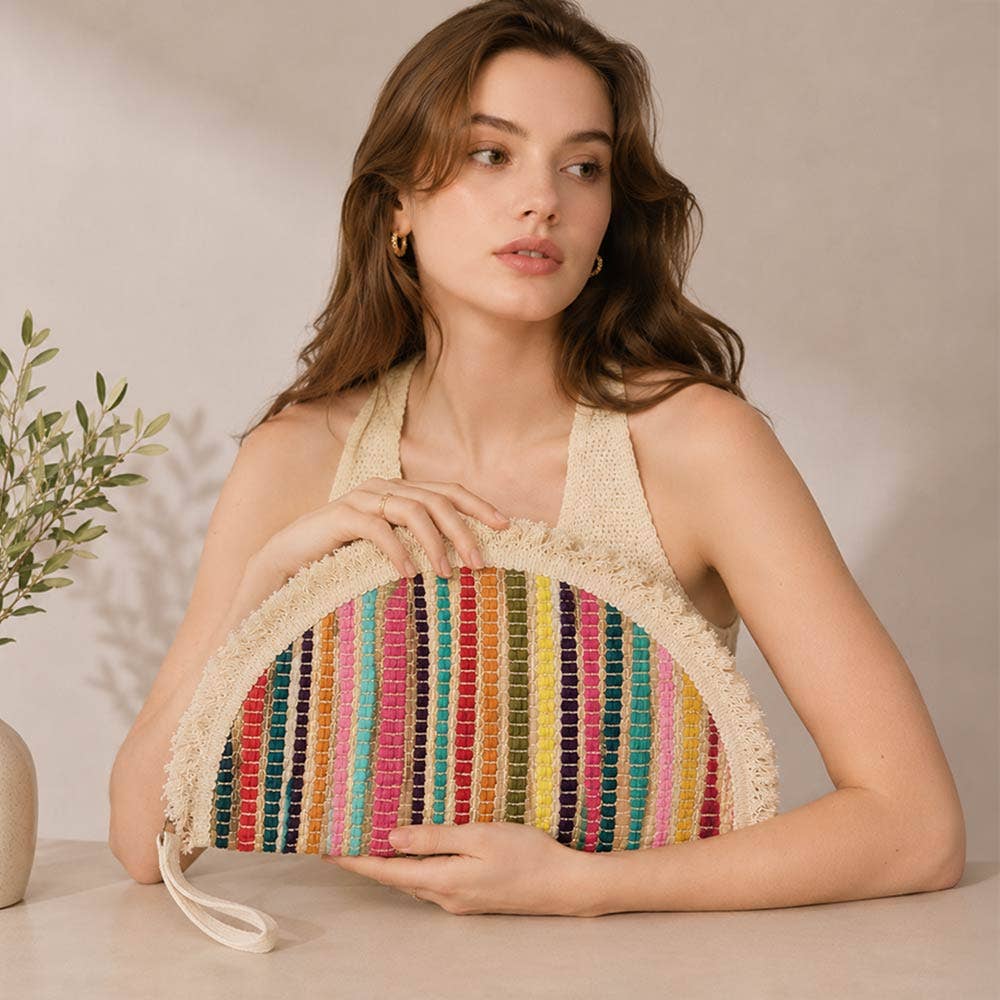 Boho Fringe Textured Half Moon Clutch Bag