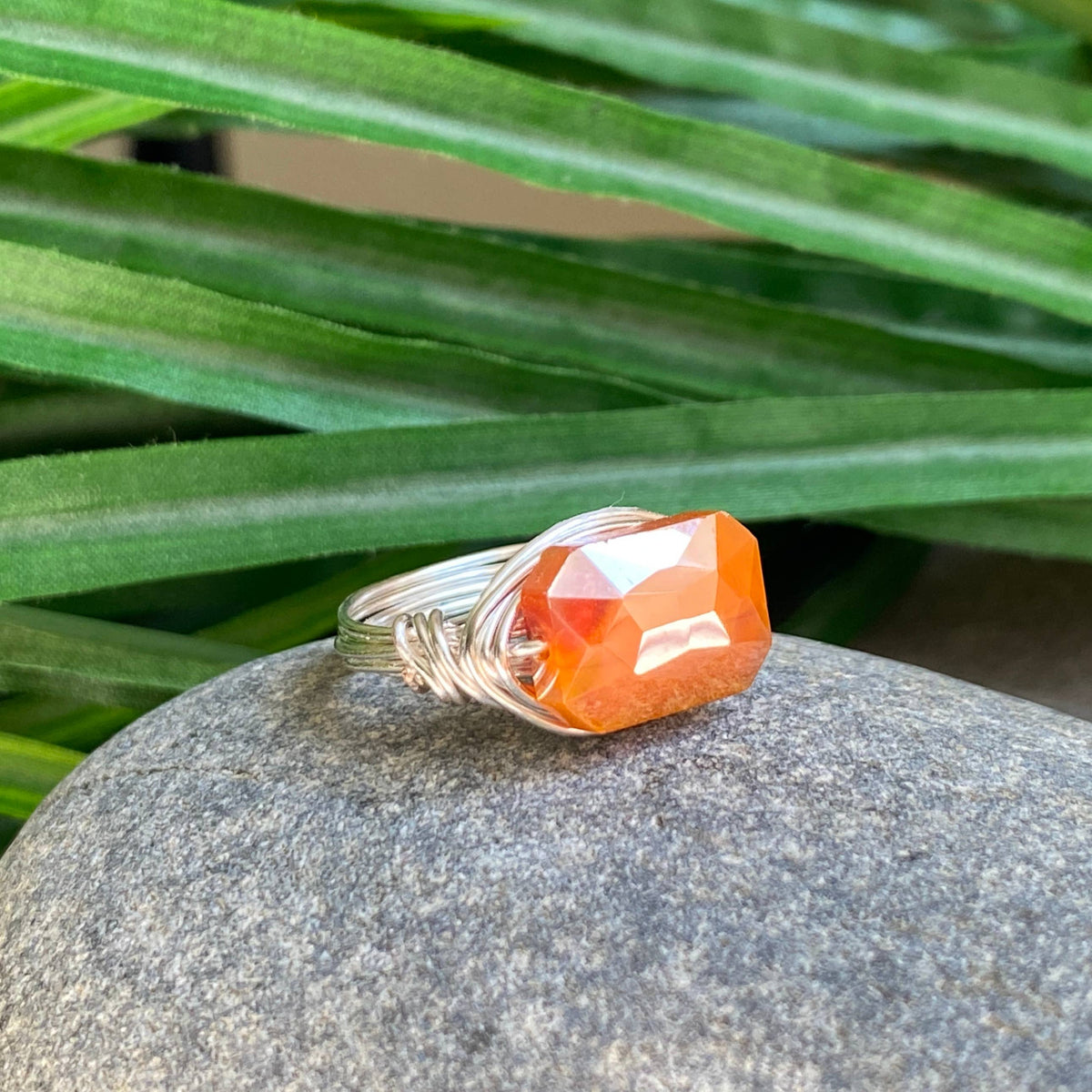 ORANGE - Gold Wire Wrapped Ring Faceted Orange Crystal Statement Ring: Gold