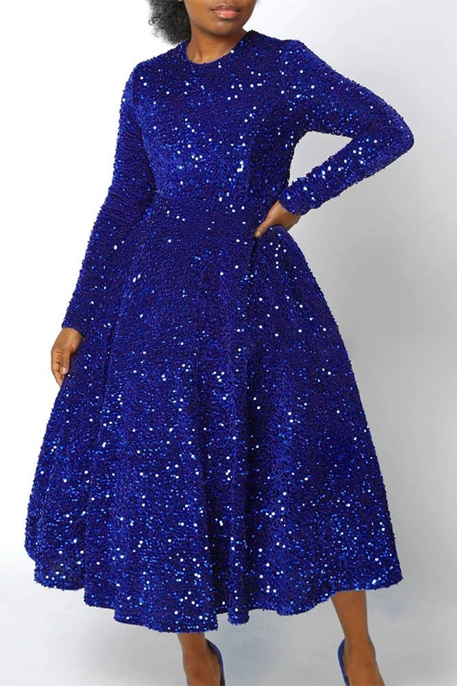 Round Neck Solid Color Sequin High Waist Dress Navy  BEAUTIFUL!!!