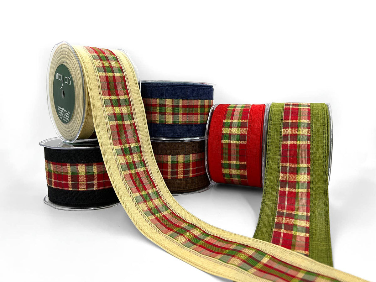 2.5" Olive Green Metallic Tartan Wired Ribbon