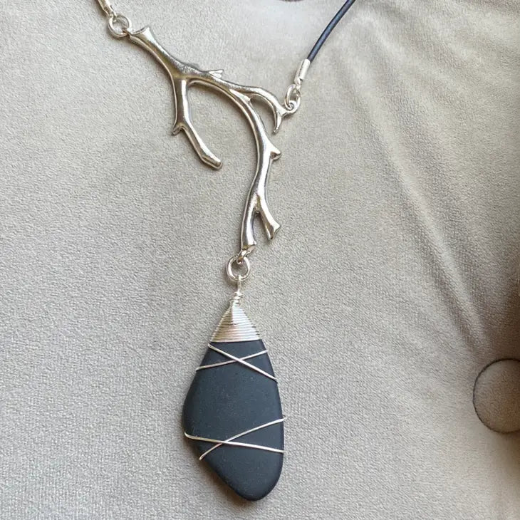 Black Frosted Glass Pendant Necklace Silver Branch Leather