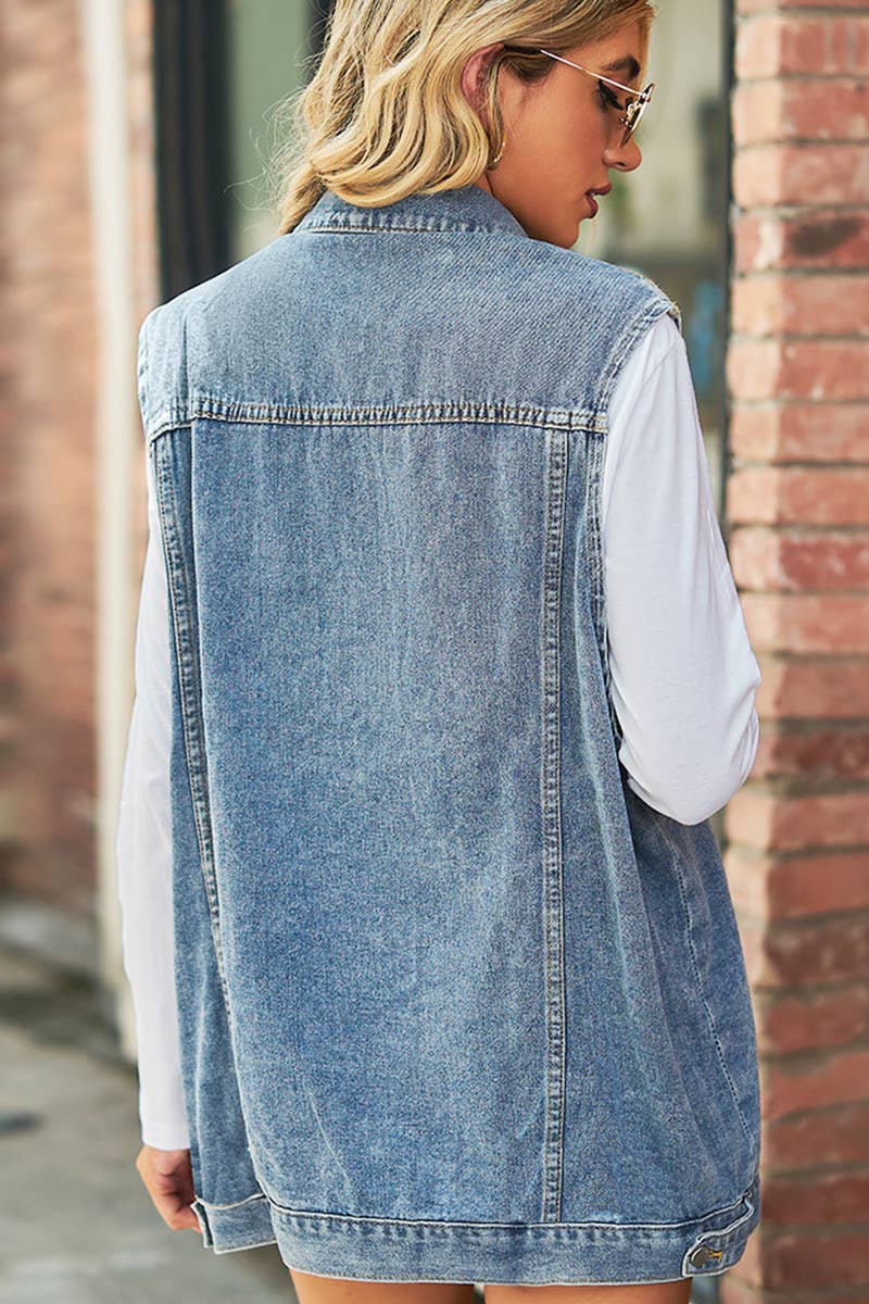 VINTAGE BUTTON UP POCKET COLLAR DENIM VEST: BLUE