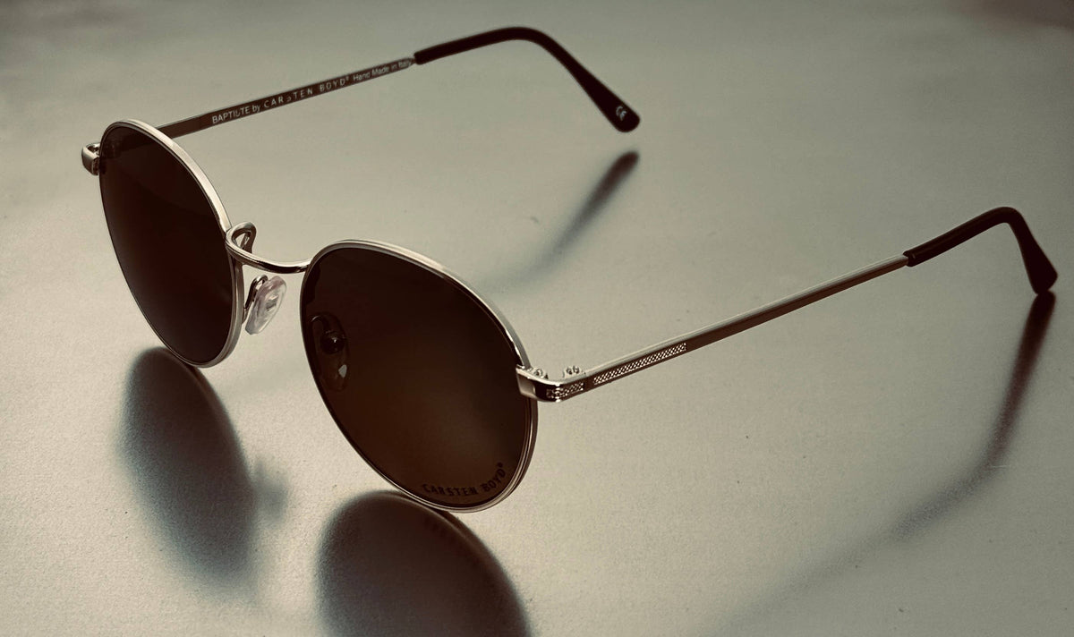 Baptiste Black Stainless Steel Sunglasses, Handmade in Italy: Silver Frame/Black Lenses or Gold Frame/Green Lenses