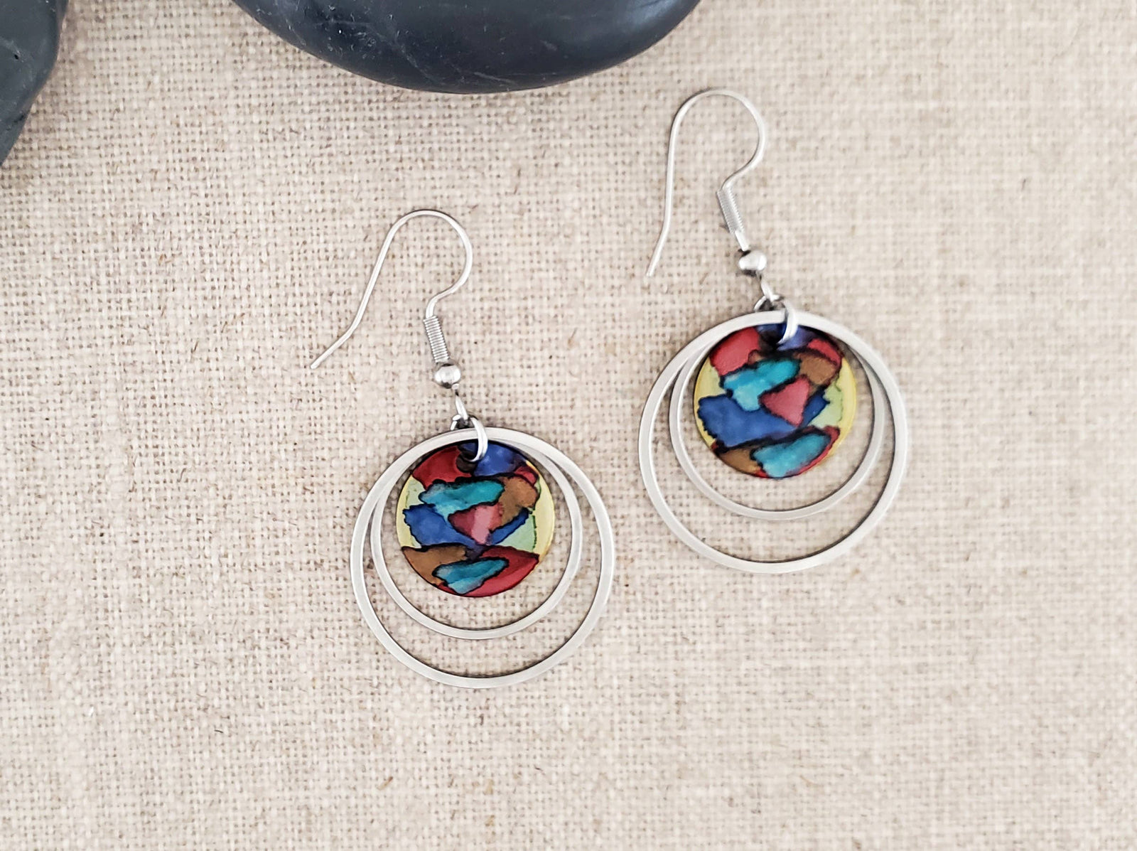 Alcohol Ink Stainless Steel Double Hoop Circle Earrings
