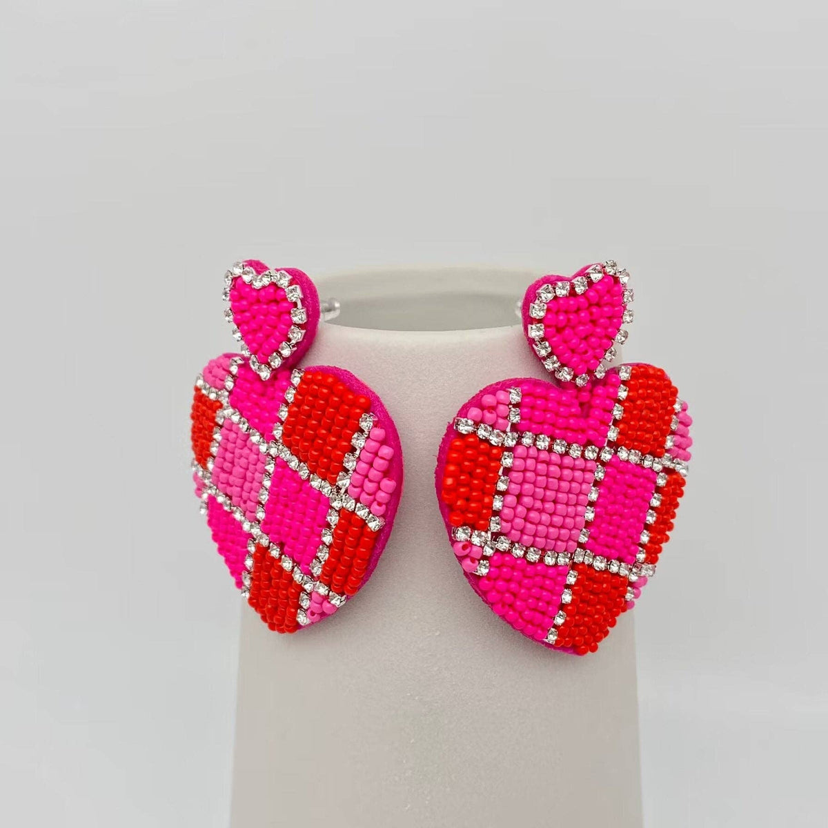 Rhinestone &amp; Beads Hand Woven Heart Charm Earrings