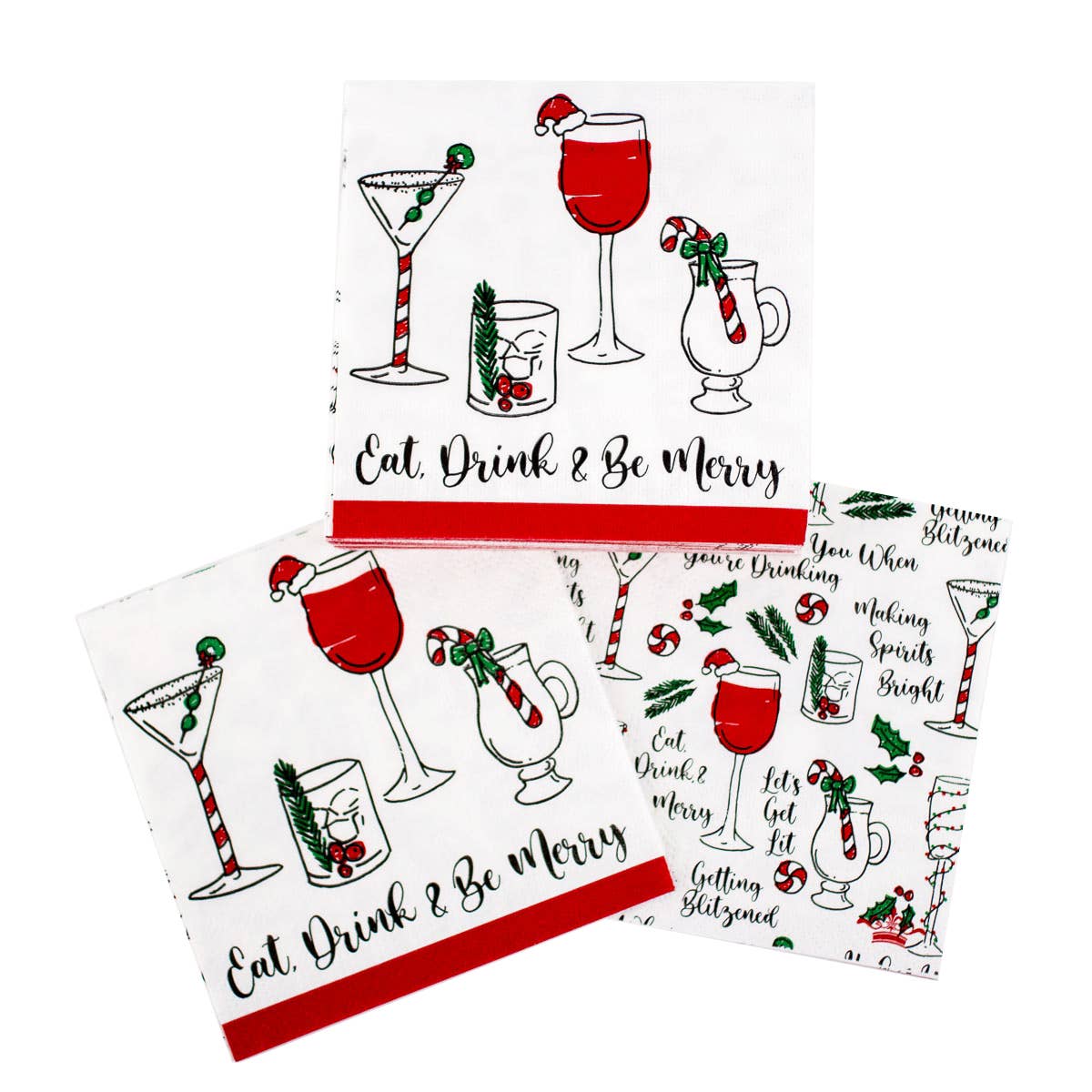 Eat, Drink & Be Merry Cocktail Napkins   White/Green/Red   5"