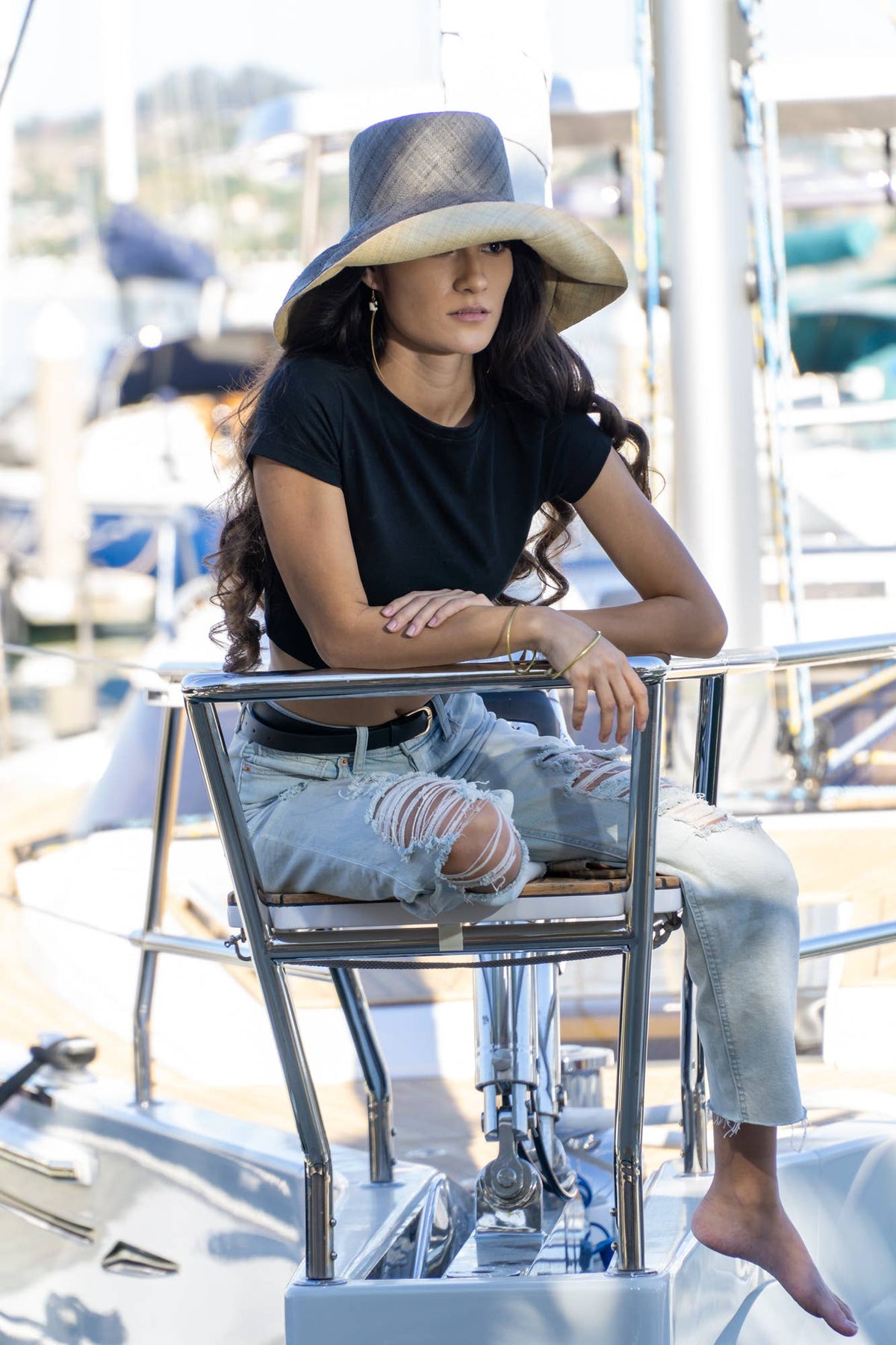 Monica  7" Wide Brim Two Tone Packable Straw Sun Hats