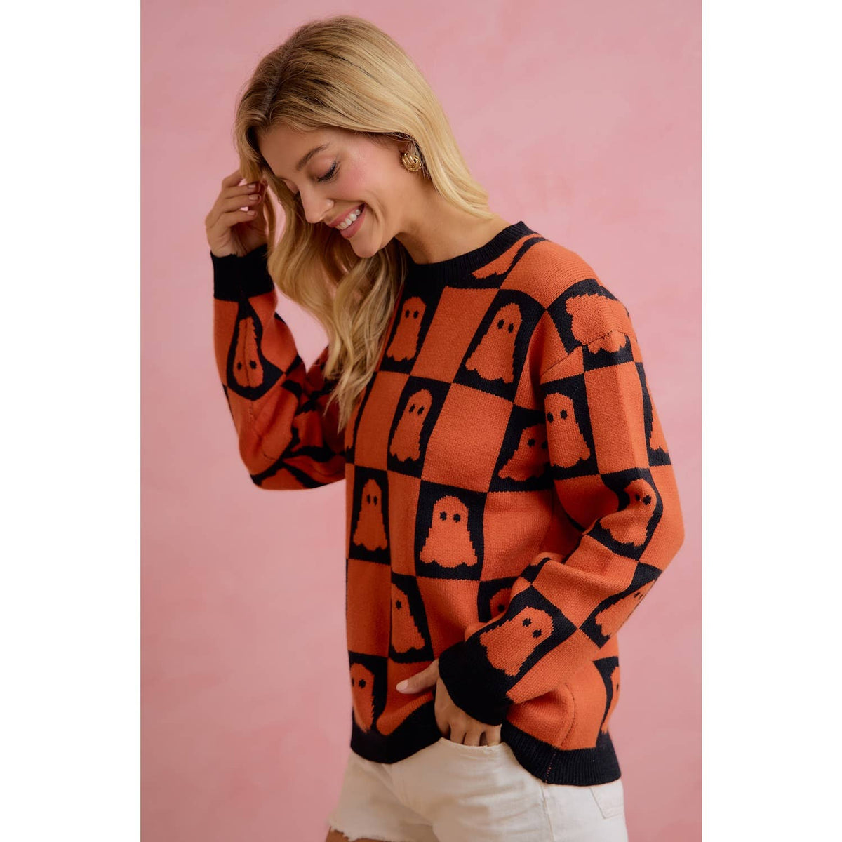 HALLOWEEN GHOST CHECKERBOARD KNIT SWEATER