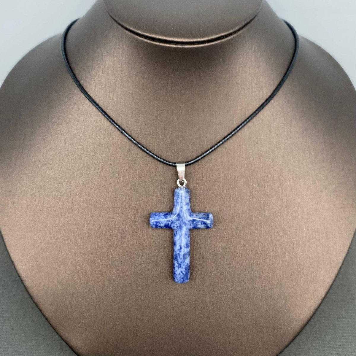 Stone Cross Charm Black Waxed Cord Necklace - CS