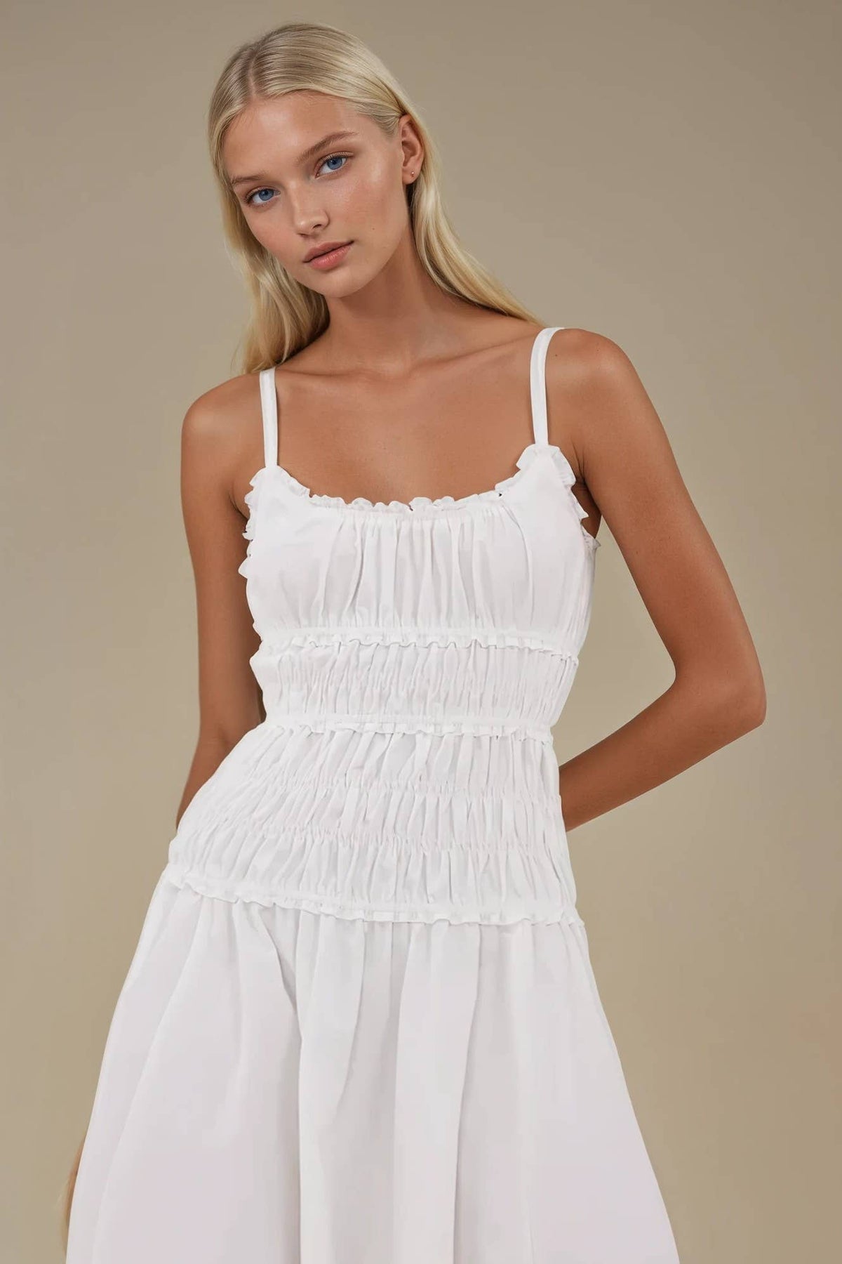 WHITE SMOCKED MAXI COTTON DRESS W3190DIA