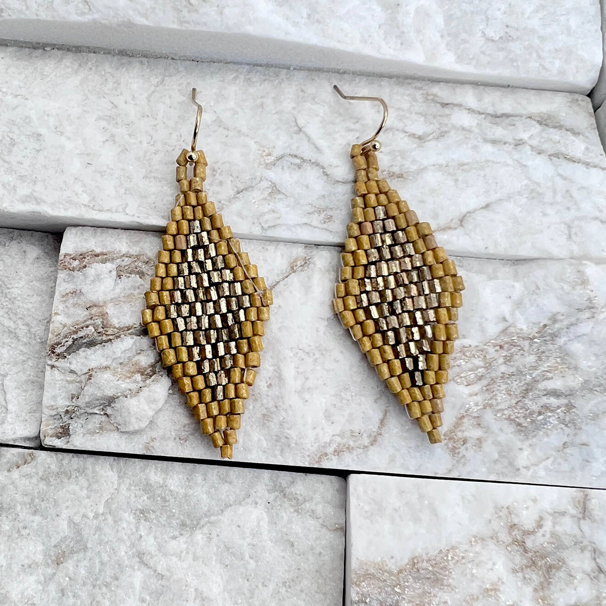 Seed Bead Diamond Shaped Earrings - Multiple Color Styles: Mustard &amp; Gold